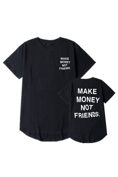 Popular Letter Make Money Not Friends Print Short Sleeve Crew Neck Curved Hem Loose Tee Top for Guys