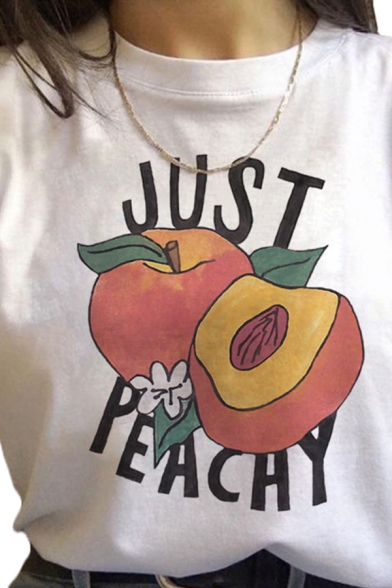Popular White Peach Letter You Wanna Peach of Me Graphic Roll up Sleeves Crew Neck Relaxed T Shirt for Girls