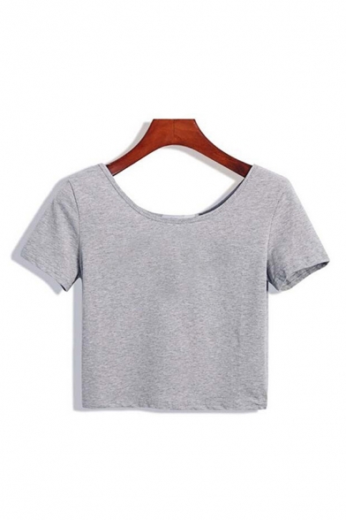 Simple Womens Solid Color Short Sleeve Round Neck Slim Fit Crop T-shirt