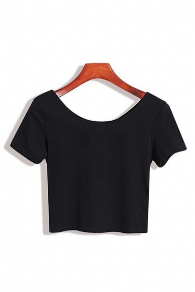 Simple Womens Solid Color Short Sleeve Round Neck Slim Fit Crop T-shirt