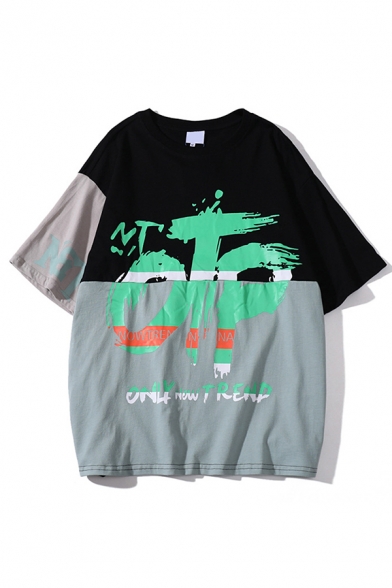 Streetwear Mens Letter Otp Printed Colorblock Short Sleeve Crew Neck Loose Fit T-shirt