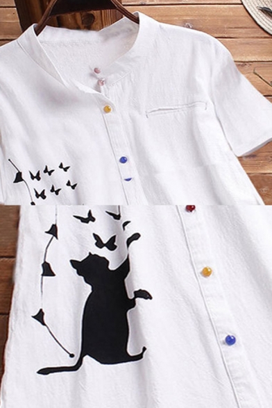 Stylish Womens Butterfly Cat Printed Colorful Button down Chest Pocket Short Sleeve Stand Collar Curved Hem Loose Shirt
