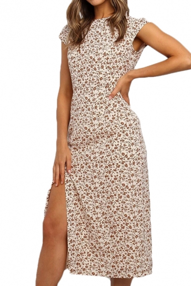 Trendy Womens Ditsy Floral Printed Sleeveless Crew Neck High Cut Midi Shift Dress in Apricot