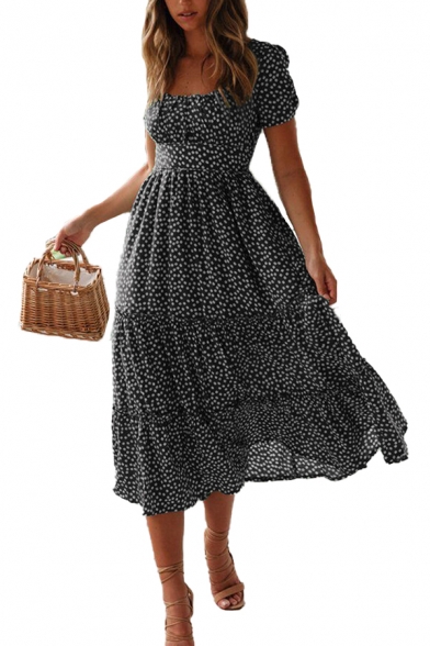 Amazing Womens Ditsy Floral Printed Short Sleeve Square Neck Ruffled Midi Pleated A-line Dress