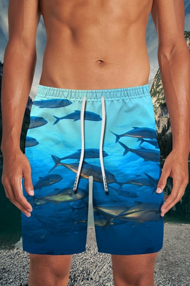 Blue Shark Ocean 3D Patterned Drawstring Waist Relaxed Straight Swimming Shorts for Men