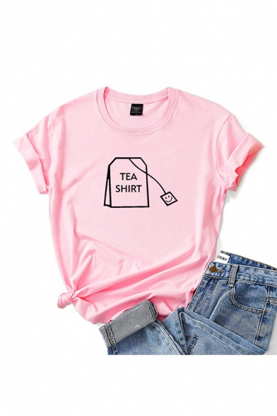 Chic Ladies Letter Tea Shirt Pattern Rolled Short Sleeve Crew Neck Regular Fit T Shirt