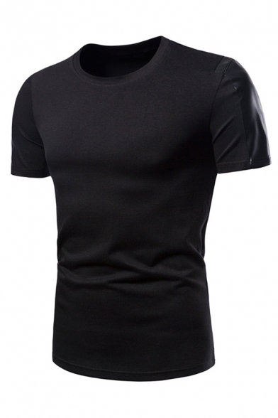 Chic Mens Plain Leather Panel Short Sleeve Crew Neck Regular Fitted Tee Top