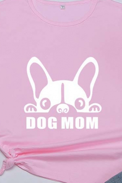 Fashion Girls Letter Dog Mom Cartoon Graphic Rolled Short Sleeve Crew Neck Slim Fit T Shirt