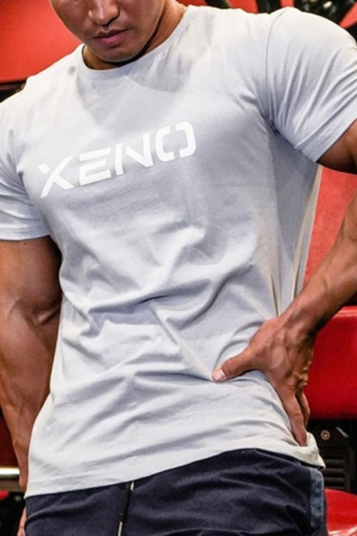Fitness Letter Xeno Print Short Sleeve Crew Neck Regular Fit T-shirt for Guys