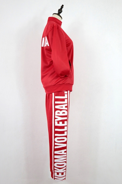 Guys Letter Nekoma Printed Long Sleeve Stand Collar Zip up Relaxed Hoodie & Letter Pattern Long Straight Pants Set in Red