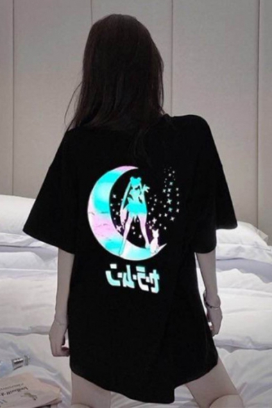 Japanese Letter Cartoon Graphic Reflective Short Sleeve Crew Neck Oversize Cool Tee Top