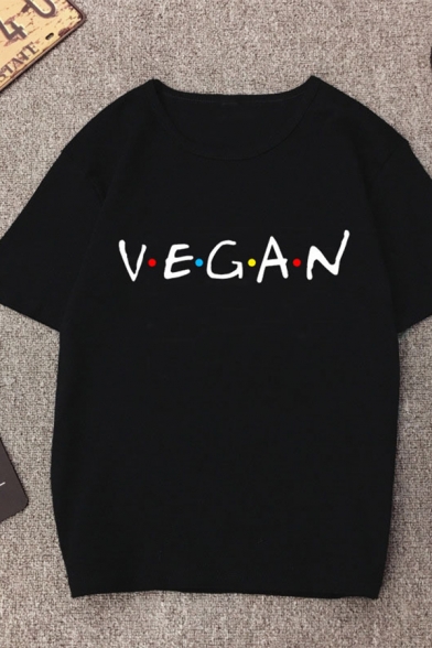 Letter Vegan Print Short Sleeve Crew Neck Loose Fit Cool T-shirt in Black