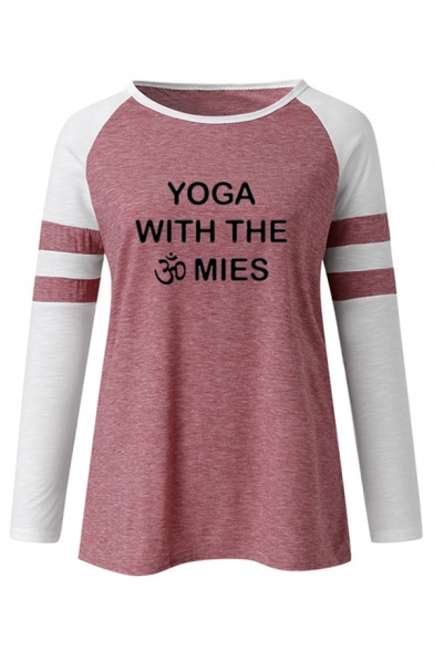 Letter Yoga with The Mies Print Varsity Striped Contrasted Long Sleeve Round Neck Regular Fit Casual T Shirt for Women