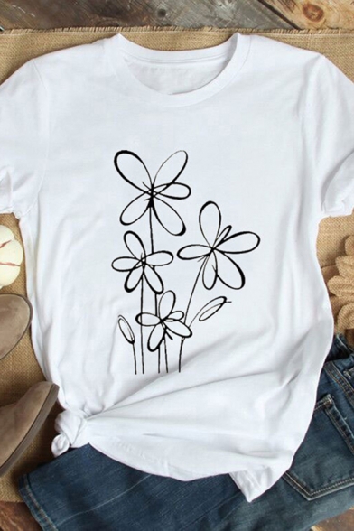 Popular Flower Printed Rolled Short Sleeve Crew Neck Regular Fit T Shirt for Women