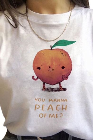 Popular White Peach Letter You Wanna Peach of Me Graphic Roll up Sleeves Crew Neck Relaxed T Shirt for Girls