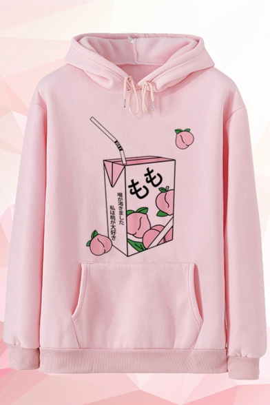 Pretty Womens Japanese Letter Nilk Graphic Long Sleeve Drawstring Pouch Pocket Relaxed Hoodie