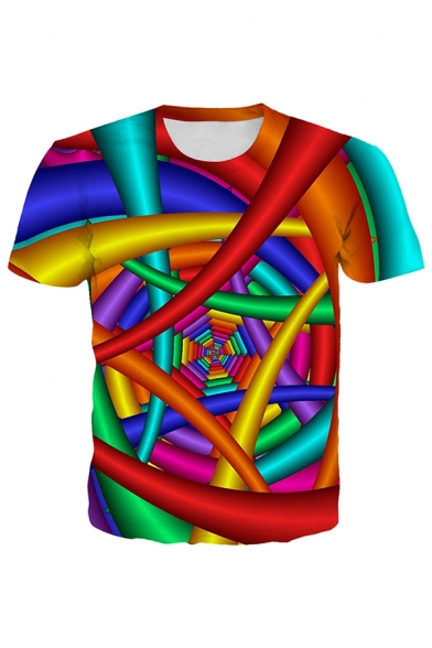 Allover Colorful Geometric 3D Printed Short Sleeve Crew Neck Regular Fit Chic T-shirt in Red
