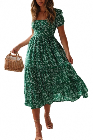 Amazing Womens Ditsy Floral Printed Short Sleeve Square Neck Ruffled Midi Pleated A-line Dress