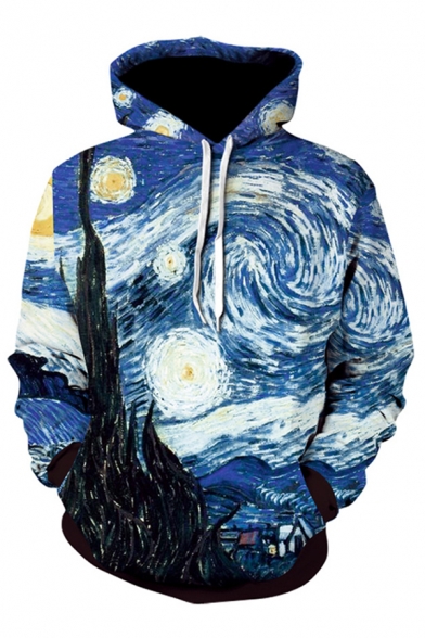 Boys Chic Oil Painting Tree 3D Print Long Sleeve Drawstring Pouch Pocket Loose Cool Hoodie in Blue