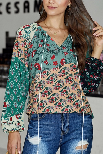 Casual Womens All over Flower Printed Long Sleeve V-neck Fringe Loose T Shirt