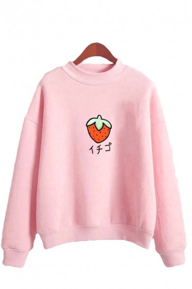 Chic Girls Japanese Letter Strawberry Graphic Long Sleeve Mock Neck Loose Pullover Sweatshirt