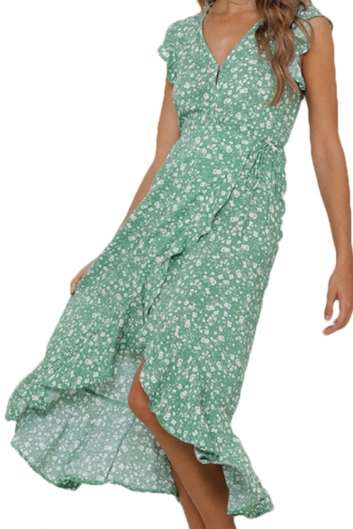Fashionable Ladies Ditsy Floral Printed Sleeveless V-neck Ruffled Bow Tie Waist Midi Wrap Boho Dress in Green