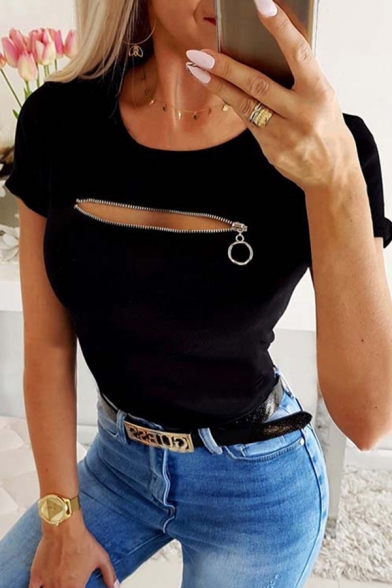 Hot Girls Solid Color Zipper Front Hollow out Rolled Short Sleeve Round Neck Slim Fit Knit T Shirt