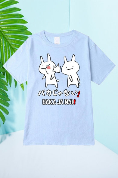Japanese Letter Rabbit Graphic Short Sleeve Crew Neck Relaxed Fit Cool T Shirt for Guys