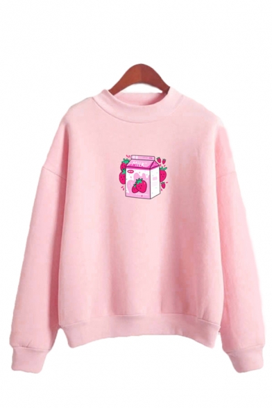 Ladies Strawberry Milk Printed Long Sleeve Mock Neck Relaxed Fit Fashionable Pullover Sweatshirt
