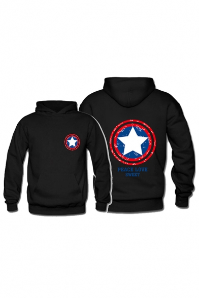 Letter Peace Love Sweet Pentagram Graphic Long Sleeve Pouch Pocket Relaxed Casual Hoodie for Men