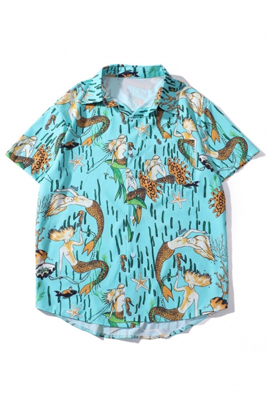 Mermaid Allover Printed Short Sleeve Spread Collar Button up Curved Hem Loose Fit Popular Fit Shirt in Light Blue