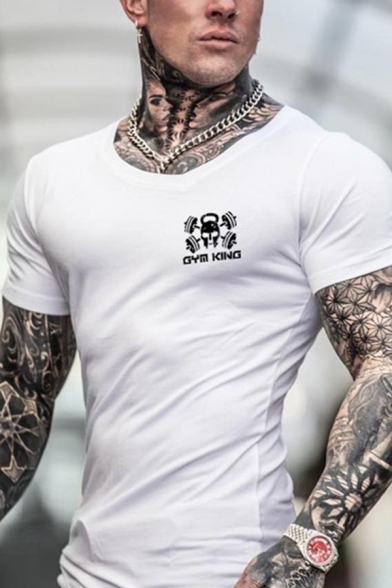 Muscle Guys Skull Letter Graphic Short Sleeve Round Neck Letter Curved Hem Slim Fit Tee Top