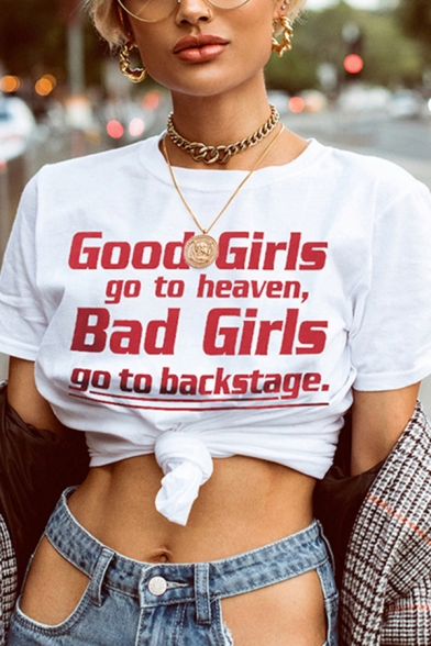 Novelty Womens Letter Good Girl Go to Heaven Bad Girl Go to Backs tage Printed Short Sleeve Crew Neck Regular Fit White Tee Top