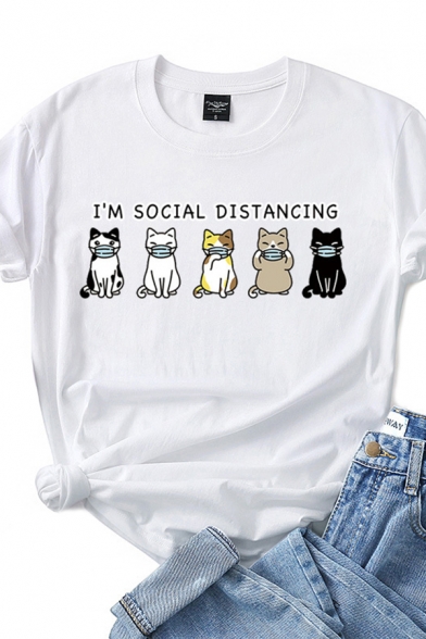 Popular Womens I'm Social Distancing Letter Cat Graphic Short Sleeve Crew Neck Slim Fit T Shirt