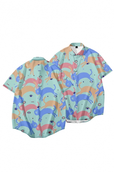 Trendy Guys Allover Cat Printed Short Sleeve Turn-down Collar Button up Curved Hem Loose Shirt