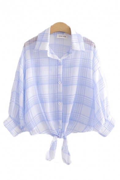 Trendy Womens Plaid Printed Rolled Long Sleeve Spread Collar Button down Tied Hem Loose Shirt Top