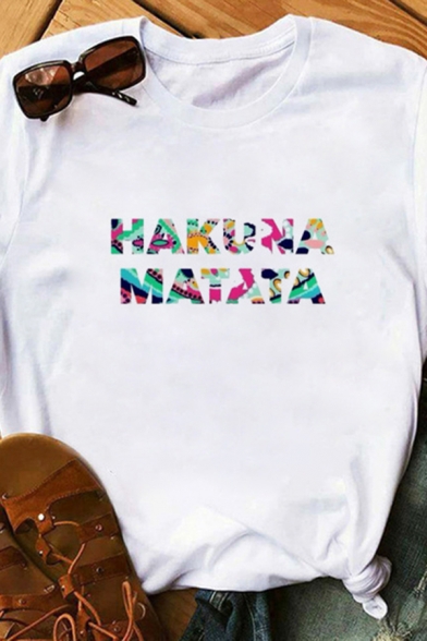 Womens Stylish Letter Hakuna Matata Printed Rolled Short Sleeve Crew Neck Loose Fit T-shirt in White
