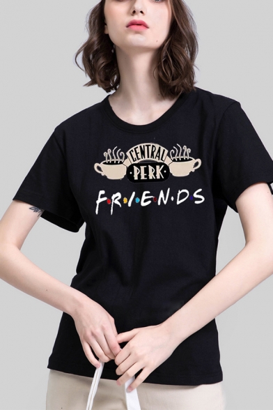 Basic Womens Letter Friends Cartoon Cup Graphic Short Sleeve Crew Neck Relaxed T Shirt