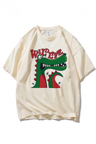 Casual Letter Wide Life Dinosaur Graphic Short Sleeve Crew Neck Drop Shoulder Relaxed Tee Top