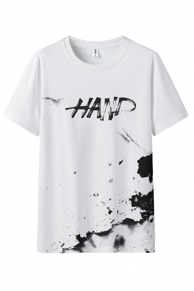 Chic Guys Letter Hand Print Splash Ink Short Sleeve Crew Neck Relaxed Fit T-shirt