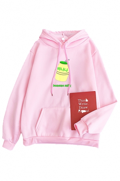 Cool Letter Banana Milk Graphic Long Sleeve Drawstring Pouch Pocket Relaxed Hoodie for Girls