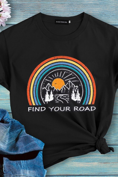 Fashion Letter Find Your Road Rainbow Graphic Short Sleeve Crew Neck Regular Fit Tee Top in Black