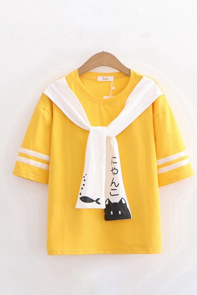 Fashionable Japanese Letter Cat Fish Printed Striped Short Sleeve Crew Neck Loose Fit Tee Top for Girls