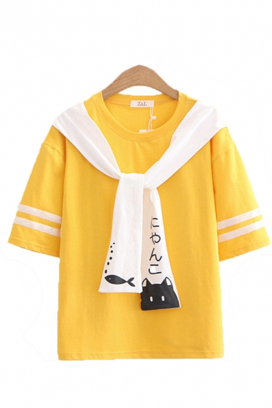 Fashionable Japanese Letter Cat Fish Printed Striped Short Sleeve Crew Neck Loose Fit Tee Top for Girls