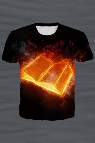 Flame Book 3D Printed Short Sleeve Crew Neck Loose Fit Stylish T Shirt for Men