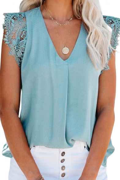 Formal Womens Solid Color Sleeveless Lace Trim V-neck Loose Fit Tank
