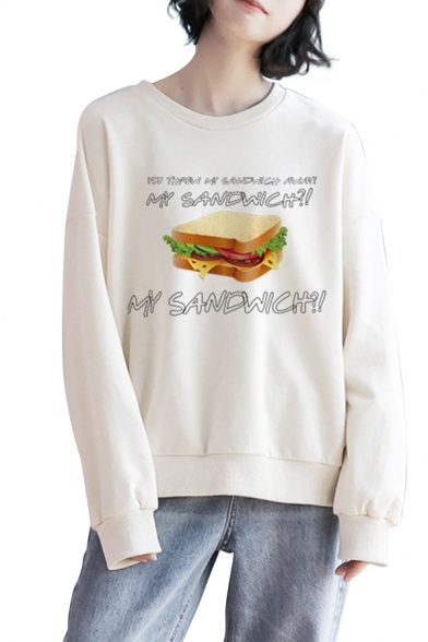 Leisure Womens Letter My Sandwich Graphic Long Sleeve Crew Neck Loose Sweatshirt in White