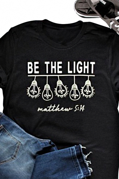 Letter Be The Light Light Graphic Short Sleeve Crew Neck Chic Regular Fit Black T Shirt for Girls