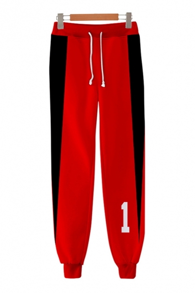 Popular Number Printed Contrasted Drawstring Waist Ankle Cuffed Carrot Fit Sweatpants in Red