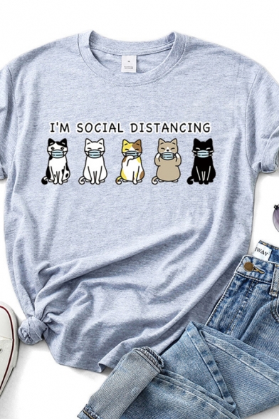 Popular Womens I'm Social Distancing Letter Cat Graphic Short Sleeve Crew Neck Slim Fit T Shirt